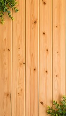 Fototapeta premium Wood paneling texture background with green leaves for rustic design and decoration