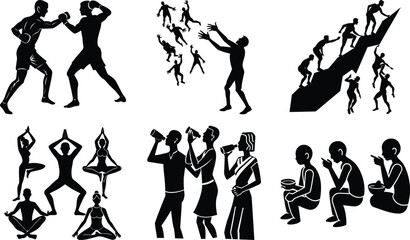 Vector art of a diverse group of people are depicted in various activities, including sports, yoga, and cultural practices isolated on transparent background