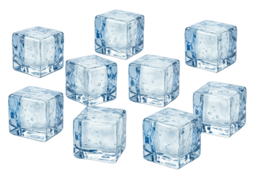 Nine irregularly shaped, crystal clear ice cubes with subtle blue tint and internal bubbles, precisely arranged on a transparent background with copy space, slightly high angle, bright shadowless