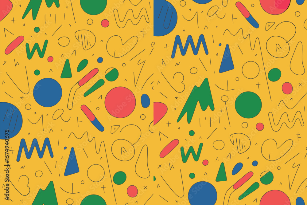 Aufkleber a yellow background filled with various shapes and lines in different colors and orientations scatte