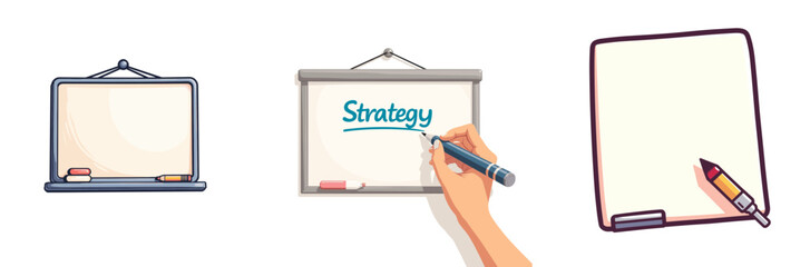 Hand writing strategy on whiteboard with erased content and pen  