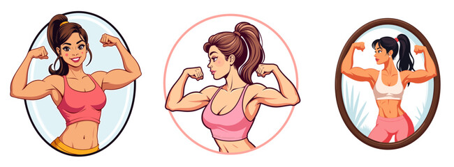 Young woman flexing muscles in mirror and showing strength  
