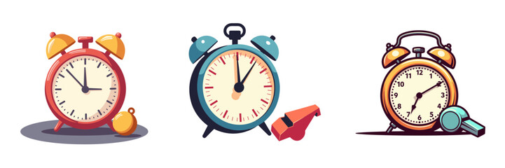 Stopwatch and whistle on table in colorful illustrated style  