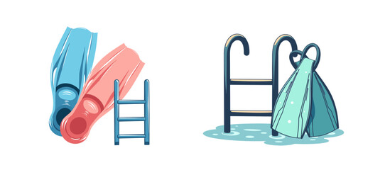 Swim fins beside pool ladder with towel hanging on rod  