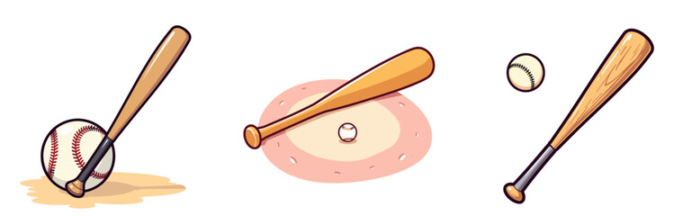 Illustration of baseball bat, ball, and base in playful style  