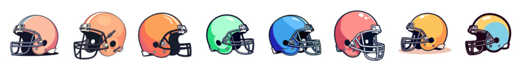 Colorful football helmets displayed in a row for sport concept  