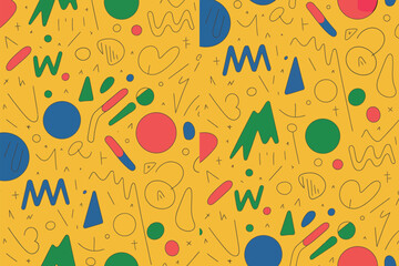A yellow background filled with various shapes and lines in different colors and orientations scattered about