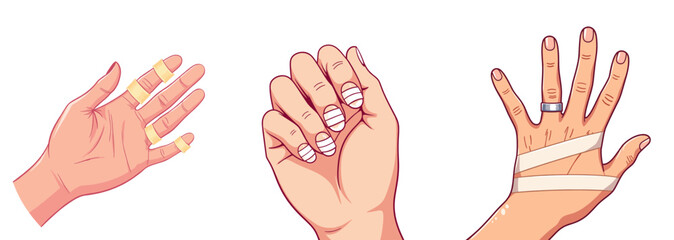 Taped fingers in close-up shot of various hand positions and styles  