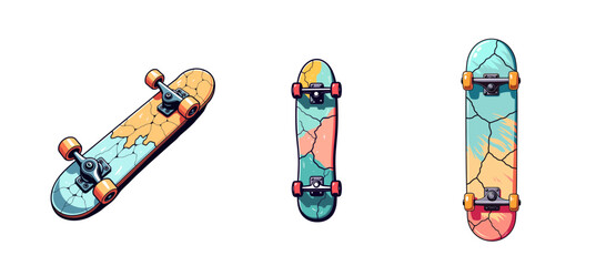 Cracked skateboard deck in colorful design with modern shape  