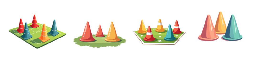 Colorful training cones arranged on grassy rugby field layout  