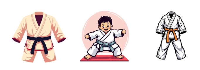 Taekwondo belt on mat with uniforms and boy practicing techniques  