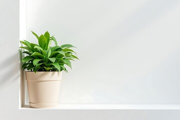 Green leafy plant in a beige pot on a white shelf with soft shadows leaves