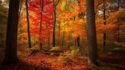 Autumn Forest with Vivid Red Leaves.