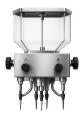 Volumetric liquid filler with a transparent hopper and adjustable nozzles for a beverage bottling line.