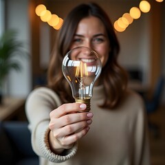 bulb, idea, light, hand, lamp, woman, electricity, energy, lightbulb, concept, business, holding, power, person, people, electric, inspiration, solution, creativity, glass, bright, innovation, smile, 