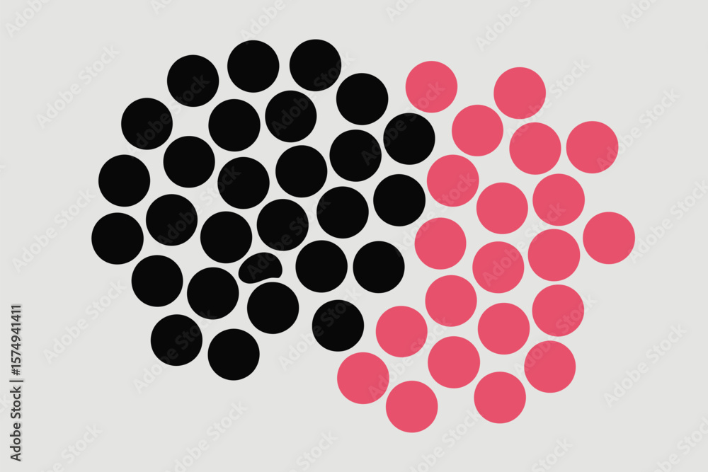 Poster a cluster of black and pink circles arranged in a semi circular pattern on a light gray background