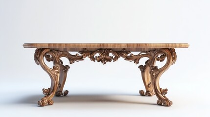 Ornate Wooden Table with Intricate Carvings and Elegant Design on White Background