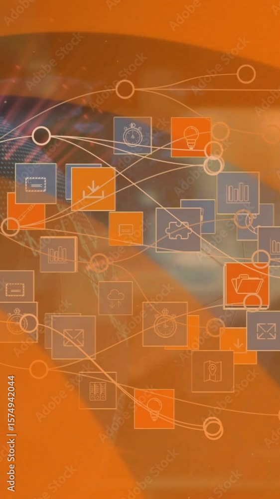 Poster animation of light trails and network of connections over globe