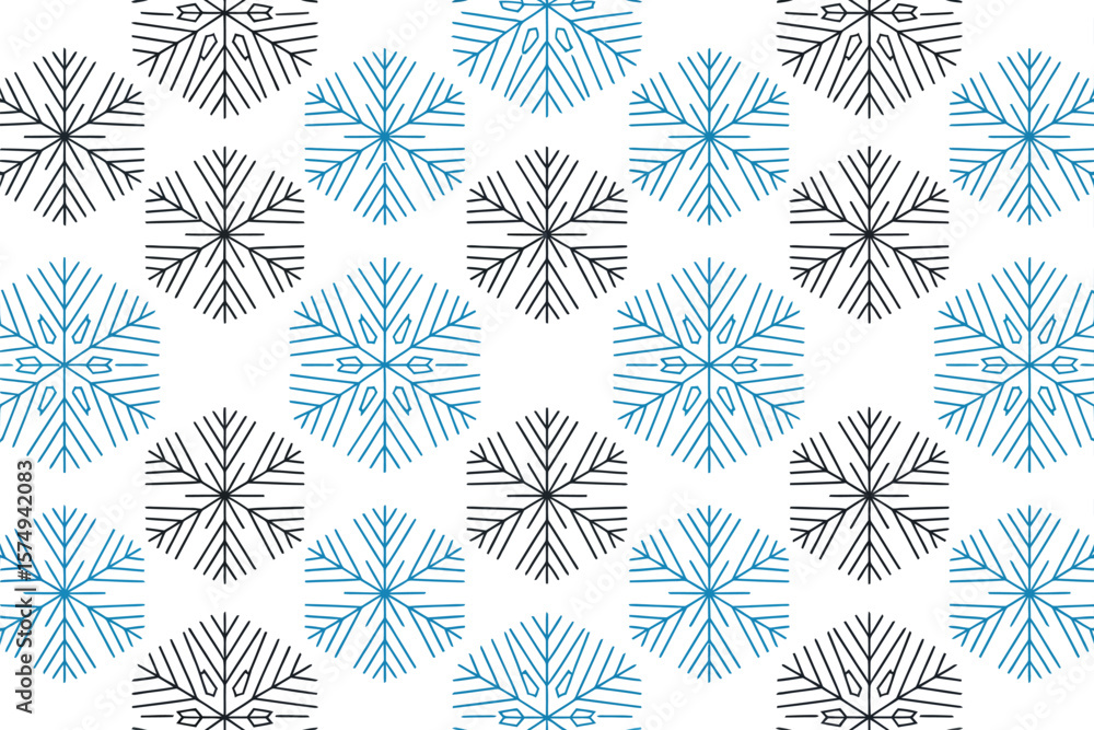 Aufkleber a repeating pattern of blue and black snowflake designs on a white background in a geometric arrange