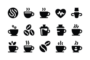 Coffee cup icons with steam and beans beverage drink
