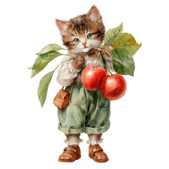 Watercolor Kitten Holding Giant Cherries 