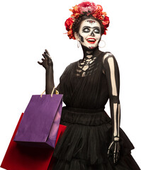 Smiling woman in skeleton makeup with flower crown holding shopping bags. Concept of Halloween...
