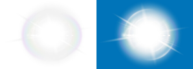 PNG sun lens flare. Glow translucent sunlight special lens flare light effect on transparent background with an example on a blue background. Isolated abstract white blur flash rays and spotlight