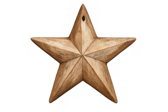 Wooden christmas star ornament hanging with transparent background, perfect for festive decorations