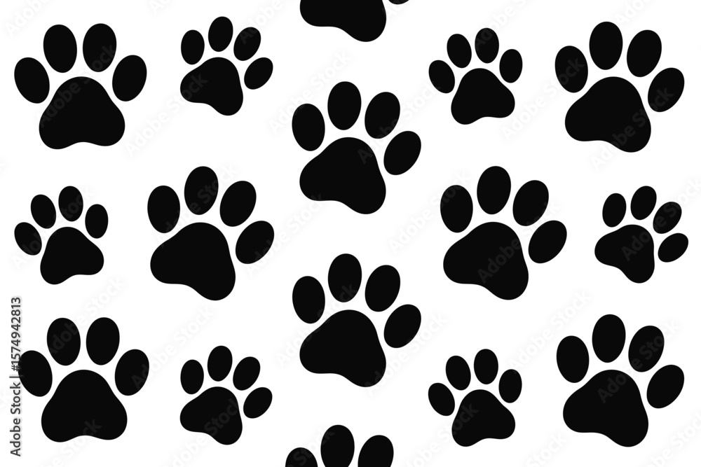 Poster a seamless pattern of black paw prints scattered across a white background in a repetitive design st