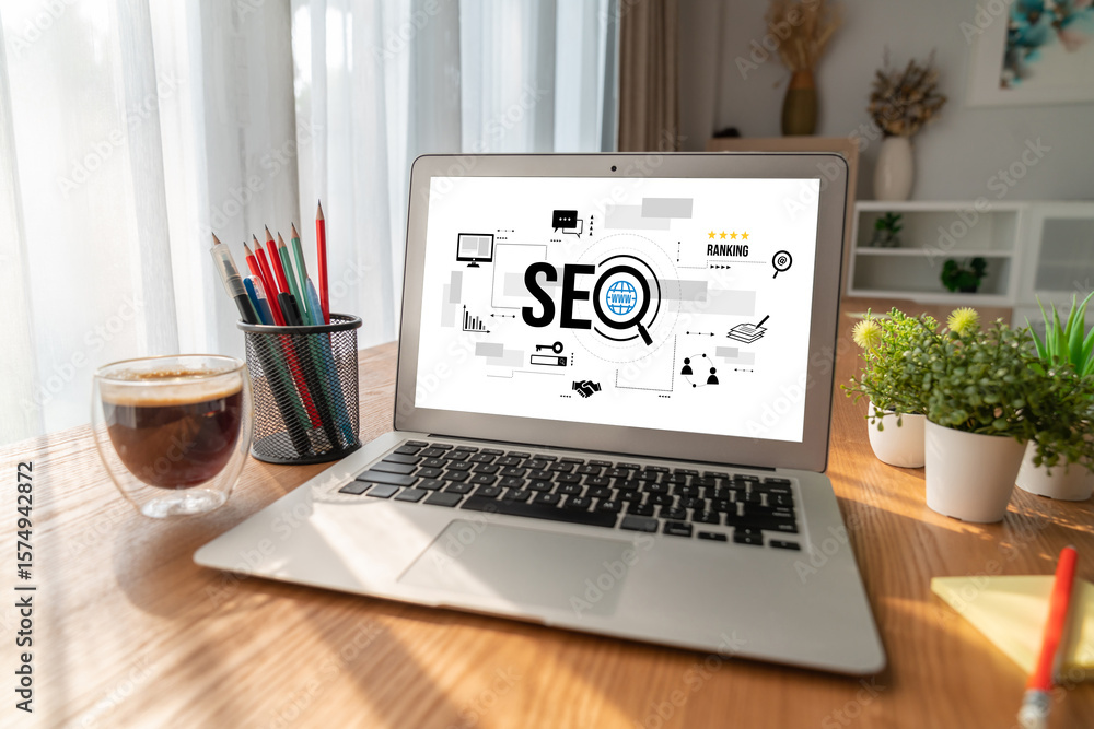 Aufkleber seo search engine optimization for modish e-commerce and online retail business showing on computer 