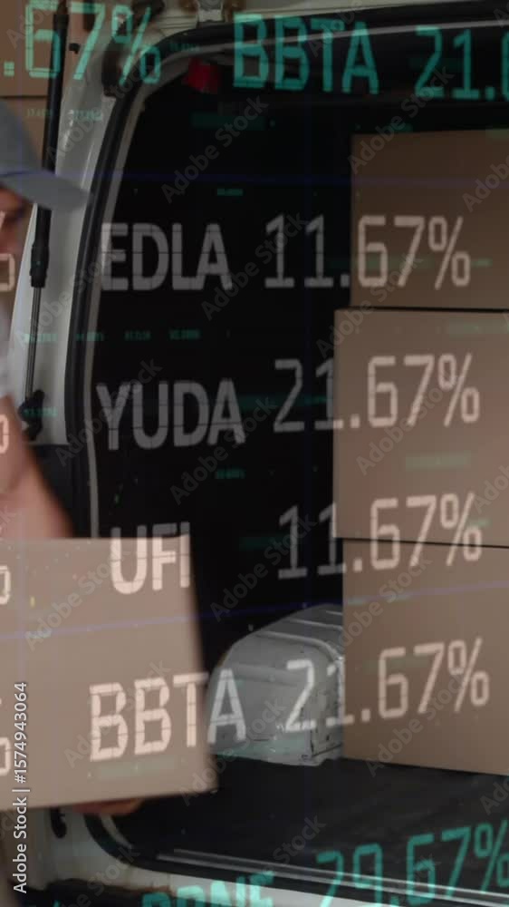 Aufkleber animation of data processing over man packing boxes into car