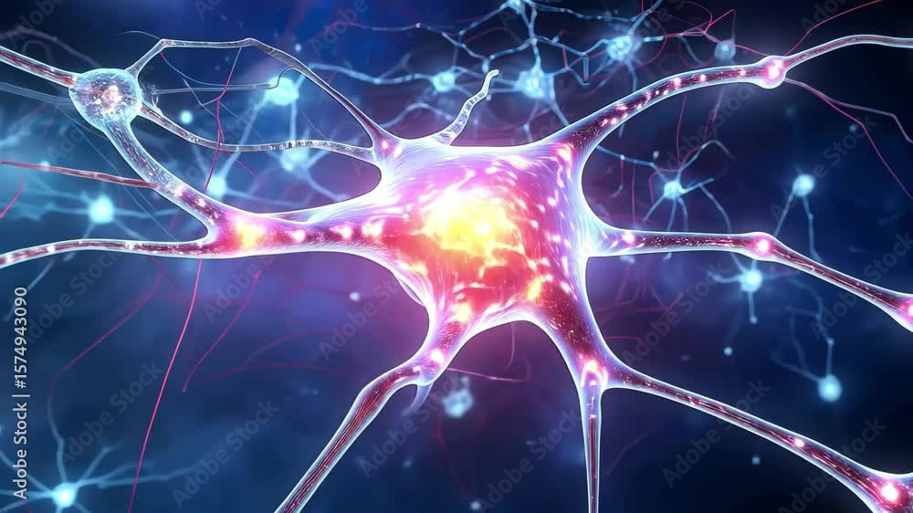 Poster exploring the intricate details of neurons in a vibrant digital representation during a scientific s