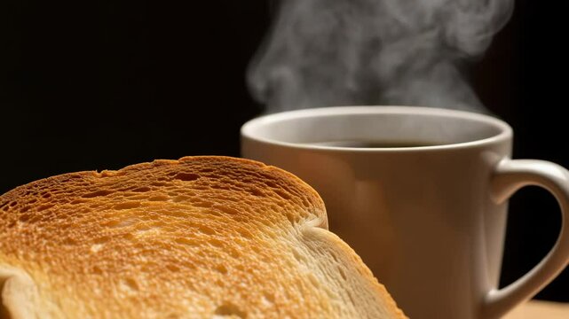Close-up of toast and a mug of hot drink. The video conveys the warmth and freshness of freshly prepared food. This video is perfect for creating a cozy home atmosphere.