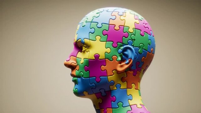Puzzle head profile view showing colorful jigsaw pieces forming human head and neck shape