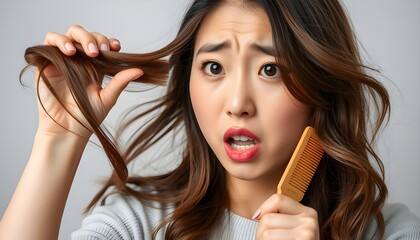 Asian woman looking distressed while holding a comb and strands of her brown wavy hair in her hand