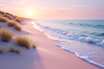 Pastel pink beach sand with gentle waves and dune grass at sunset ocean water