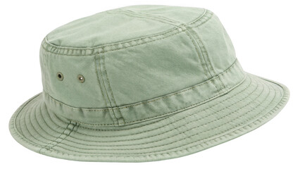 A light green canvas bucket hat with stitched details and eyelets isolated on transparent background