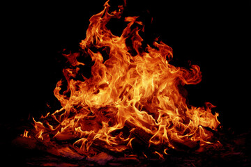 Vibrant and Fiery Flames of a Campfire Isolated on a Dark Night Background