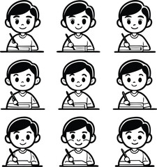 Black and white cartoon boys writing and drawing with pens on paper child