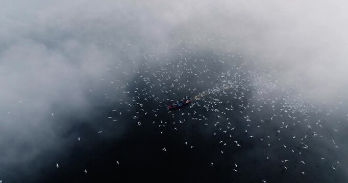 Aerial view of serene Yamuna Ghat with boats and mist, India.