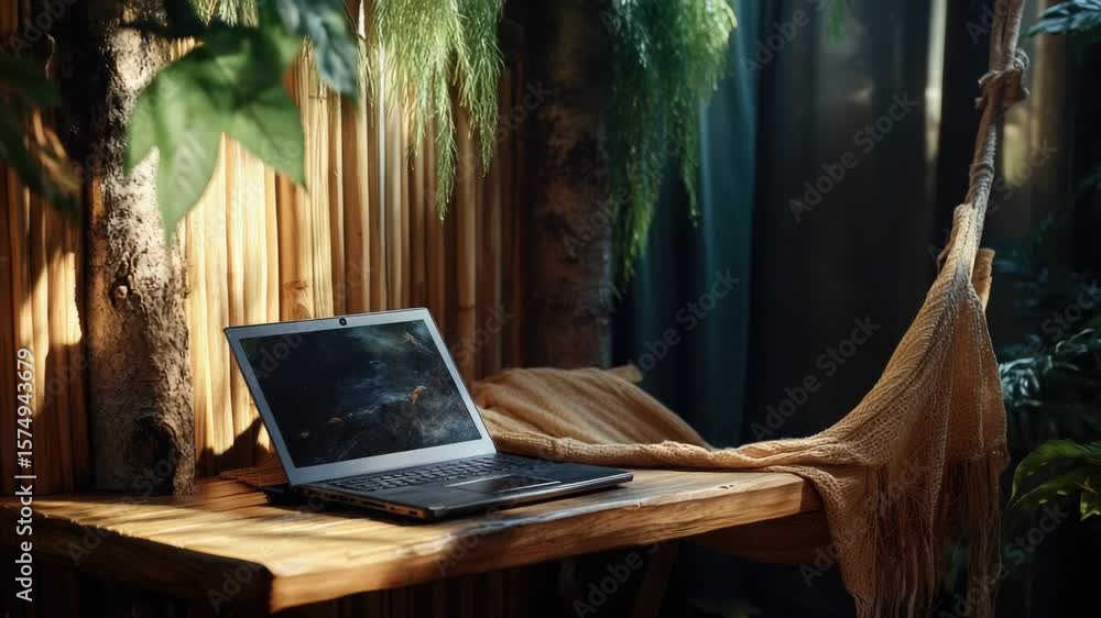 Poster a laptop computer sitting on a wooden table with a simple and minimalist setup