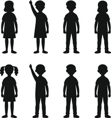 Black silhouettes of diverse children with different hairstyles standing and pointing