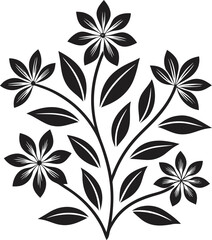 Black stylized floral branch with six pointed petals and oval leaves flower plant