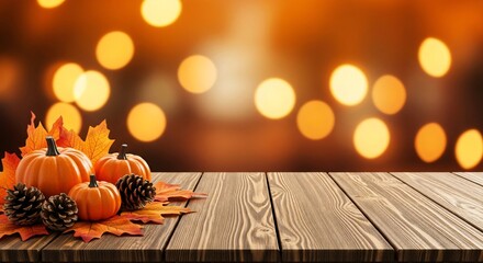 Thanksgiving Background Rustic Wooden Table with Pumpkins  Autumn Leaves