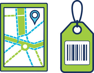 Blue and green map with location pin next to price tag with barcode navigation marker