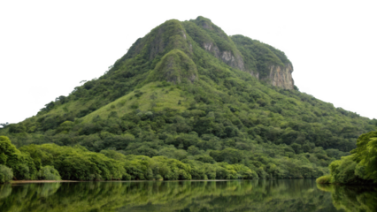 Lush green mountain with rocky cliffs reflected in calm water isolated on transparent background