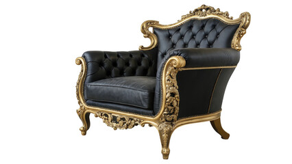 Elegant black leather armchair with ornate gold carved frame isolated on transparent background