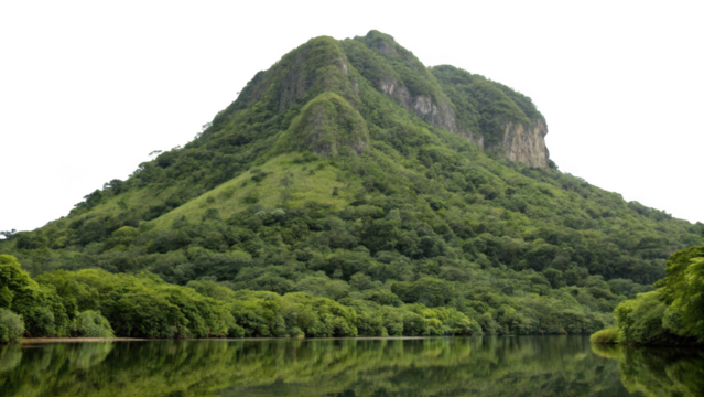 Lush green mountain with rocky cliffs reflected in calm water isolated on transparent background