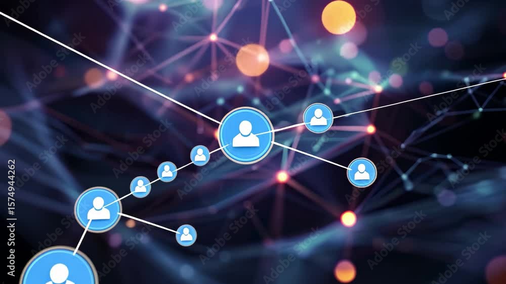 Aufkleber connecting networks of digital nodes and interactions in vibrant colors showcasing technology and co