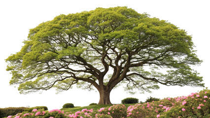 Majestic ancient tree with lush green canopy and blooming pink flowers isolated on transparent background